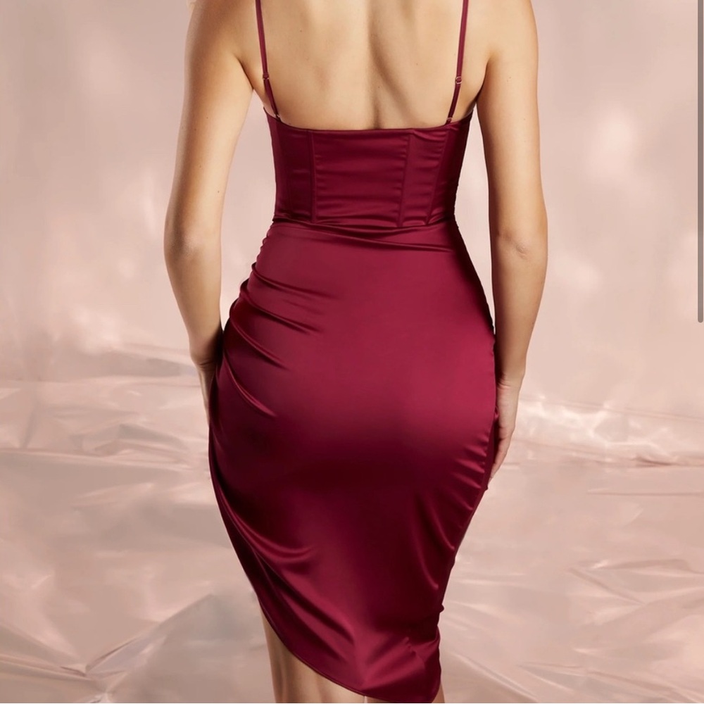 Oh Polly A Minute Past Midnight Midi Corset Dress in Maroon Burgundy Red Ruched - Picture 2 of 6